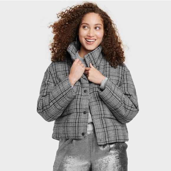 A New Day Women's Gray Plaid Puffer Jacket - Picture 1 of 1